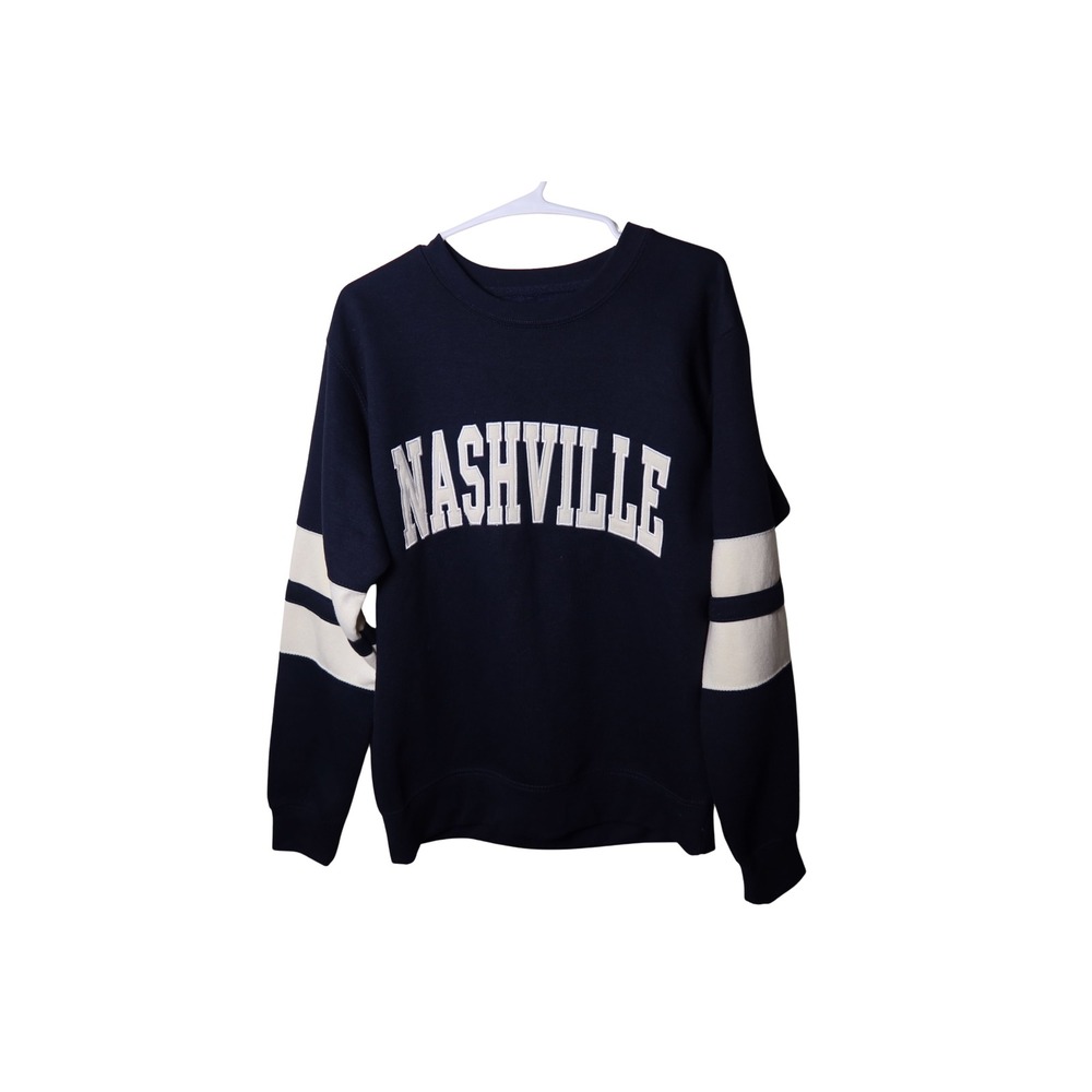 Nashville Souvenir Sweatshirt Navy Blue Varsity Stripe Crewneck Size Medium
